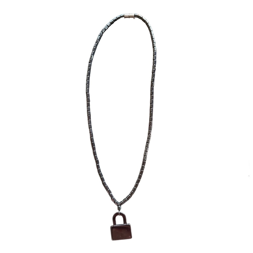 Hematite Bead Padlock Pendant Necklace Gunmetal Grey Barrel Clasp 17 Inch